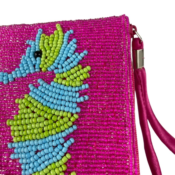 Hand-Beaded Tropical Seahorse Clutch Coin Purse Wallet Pink Island Vibes Sealife - Picture 4 of 14